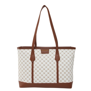 Vintage large capacity tote bag with monogram canvas and brown leather handles in white background