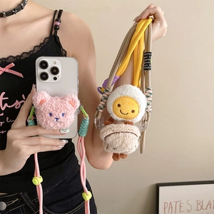 Plush cartoon bear phone strap with adjustable colorful braided crossbody rope for women