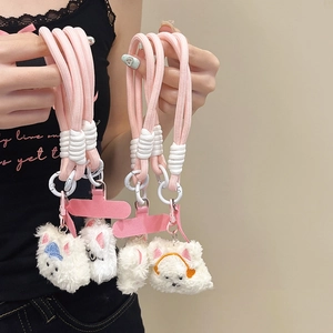 Pink braided phone lanyard strap with cute plush cat charms for women and girls