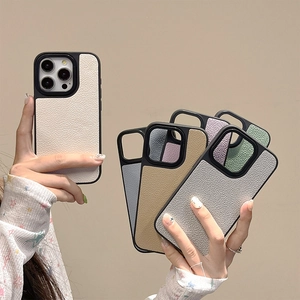 Leather texture phone cases for iPhone 16 Pro Max in five pastel colors hand-held