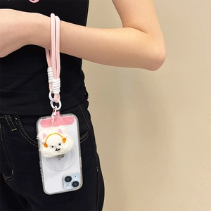 Pink braided wrist phone strap with cute plush bear charm and clear protective case