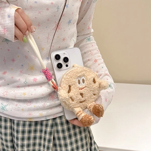 Cute plush cookie phone pouch with braided lanyard and character embroidery