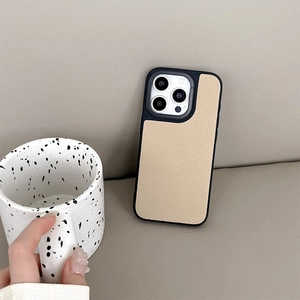 Detail of luxury lychee grain leather phone case with precise camera lens protection