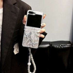 Silver bow phone case for Samsung Z Flip with pearl strap and ice crack texture