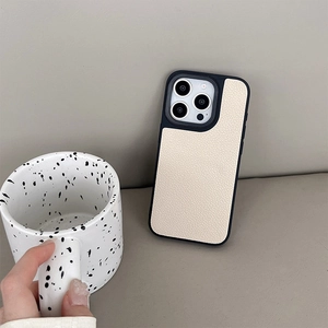 Close-up of premium lychee texture leather case for iPhone 16 Pro Max with matte frame