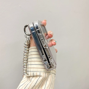 Detailed side view of clear foldable phone case with luxury rhinestone beaded strap