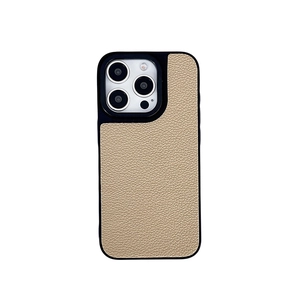 Minimalist beige lychee grain leather phone case for iPhone 16 Pro Max with black frame