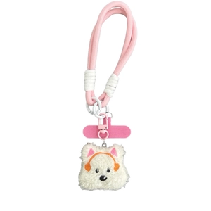 Pink braided phone lanyard with white plush dog charm and orange headphone accessory