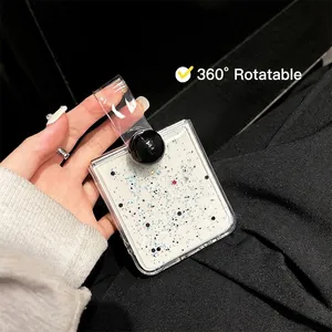 White glitter case for Samsung Z Flip with 360 degree rotating black ball ring stand