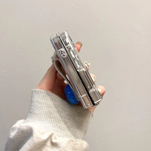 Detail of transparent Z Flip folding case with blue ring stand and woven fabric handle