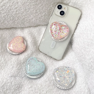 Sparkly heart shaped MagSafe phone grip with glitter and star sequins for women