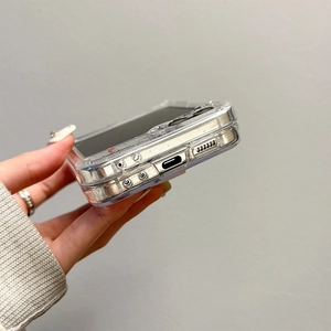Detail view of precise charging port and speaker cutouts on clear Samsung Z Flip 6 case