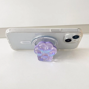 Détail du support de téléphone en forme de patte de chat pailletée violette sur mobile