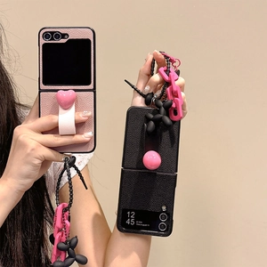Custodia Pieghevole Per Telefono Texture Pelle Con Anello Cuore E Ciondolo Cane Palloncino Bracciale Catena Resina