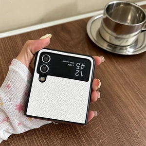 White leather case for Samsung Z Flip 6 with lychee texture and precise camera cutouts