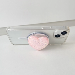 Pink glitter heart MagSafe phone grip with Gift For You logo on white base stand