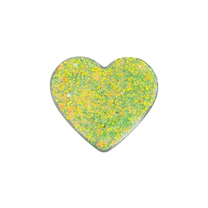 Heart-shaped expanding phone grip with green and yellow glitter sequins for mobile support