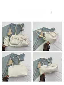 Detailed four-way view of white glossy PU shoulder bag with bow accents and zip closure