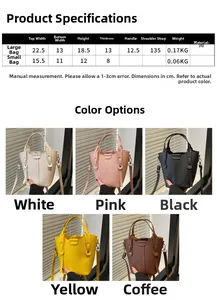 Size comparison chart and color selection for lychee texture bucket bag with dimensions