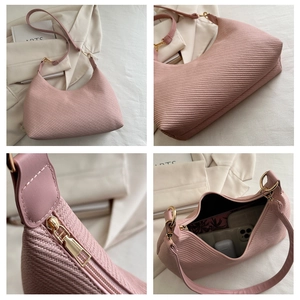 Detailed four-way split view of pink tote bag showing twill texture and inner capacity