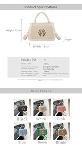 Detailed chart showing small PU leather crossbody bag dimensions 19x12x6cm and color options