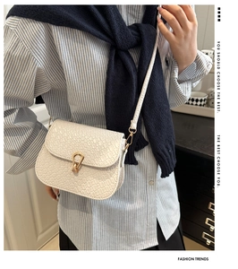 Detailed shot of white crocodile texture crossbody bag with gold U-shaped metal lock