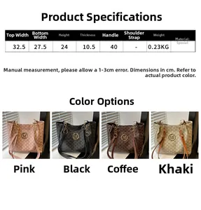 Detailed size chart and color options for M-patterned tote bag showing dimensions