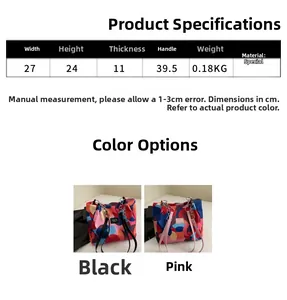 Detailed size guide table for geometric tote bag with precise product dimensions