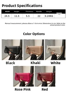 Size guide for bow accent PU crossbody bag showing dimensions and five color options