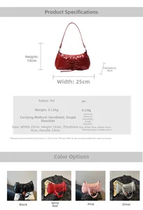 Detailed product specifications for PU leather underarm bag with dimensions and lace-up design
