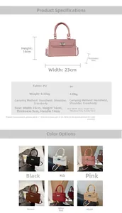 Size chart showing 23x14x9cm dimensions and PU leather texture for the shoulder bag
