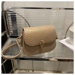 Close-up of khaki woven pattern texture and gold buckle on stylish crossbody bag