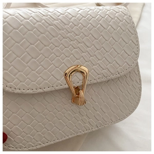 Detail of woven texture and golden horseshoe buckle on minimalist white crossbody bag