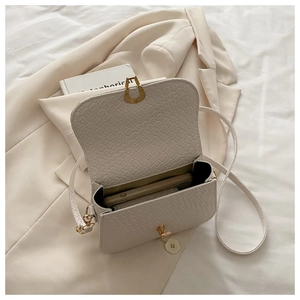 Detailed macro view of off-white woven texture bag with golden metal lock and interior space