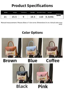 Detailed view of bicolor crossbody bags in brown, blue, coffee, black, and pink colors