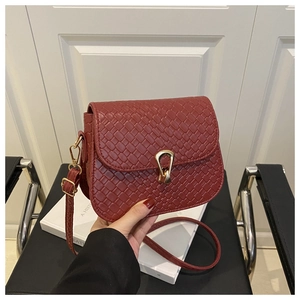 Detail of brick red woven leather bag with gold horseshoe clasp and refined texture