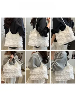 Detailed views of a white lace ruffled tote bag styled as a summer shoulder bag