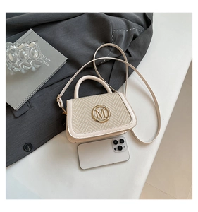 Detail view of mini patchwork flap bag in beige leather and woven fabric with golden logo