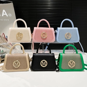 Chic patchwork crossbody box bags in six colors with gold M buckle and top handles