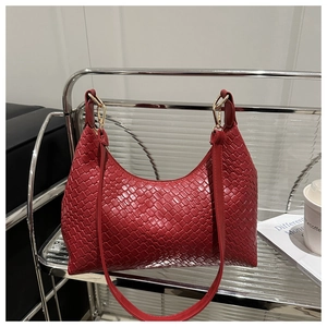 Sophisticated red woven PU leather shoulder bag with elegant gold-tone hardware