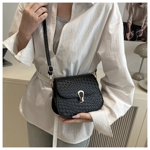 Close-up of black crocodile embossed leather handbag with gold shield buckle