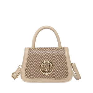 Retro beige herringbone patchwork handbag with golden M logo and top handle