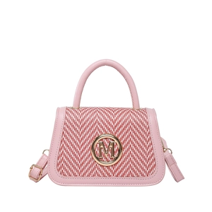 Pink herringbone woven crossbody bag with gold M logo and adjustable shoulder strap