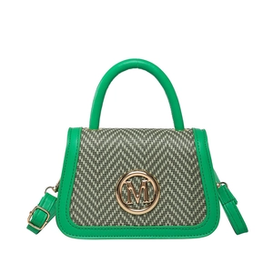 Retro bright green mini handbag with woven herringbone panel and gold M letter buckle