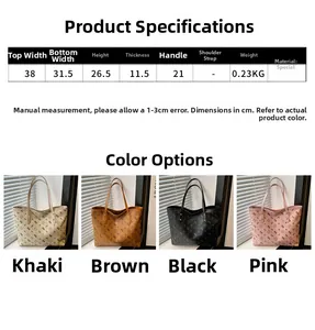 Size guide for tote bag showing dimensions 38x26.5cm and color options in high detail