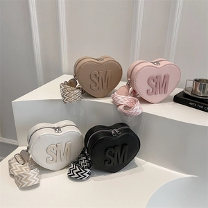 Heart Shaped Crossbody Bag PU Leather Wide Woven Strap Wave Pattern Letter Decoration Chic Trendy For Women Girls