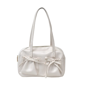 Borsa a spalla color panna in PU con doppie tasche a fiocco e chiusura a zip