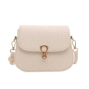 Chic cream woven texture crossbody bag with gold U-shaped lock and crocodile pattern