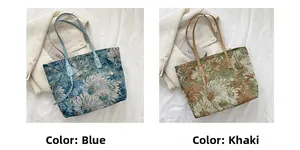 Close-up of floral jacquard tote bags in blue and khaki with leather shoulder straps