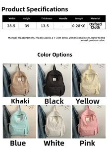 Size specifications and material details of the smiley oxford fabric backpack in six colors